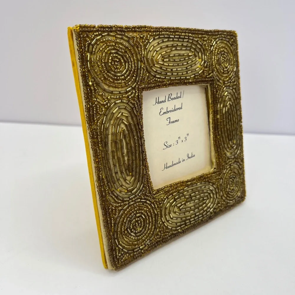 Vintage Bronze Yellow Beaded Picture Frame 3x3 Hand Embroidered India Ornate